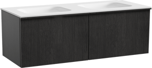Balmani Forma zwevend badkamermeubel 135 x 55 cm zwarte eik met Tablo Arcato dubbele wastafel in solid surface mat wit, Verticale symmetrische rechte ribbel