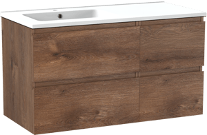 Linie Lado zwevend badmeubel 100 x 46 cm bruin eiken met Vano asymmetrisch linkse wastafel in composietmarmer mat wit