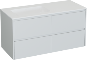 Storke Seda zwevend badkamermeubel 120 x 52 cm mat wit met Bilia asymmetrisch linkse wastafel in composietmarmer glanzend wit