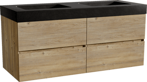 Storke Edge zwevend badkamermeubel 130 x 52 cm ruwe eik met Scuro High dubbele wastafel in kwarts mat zwart