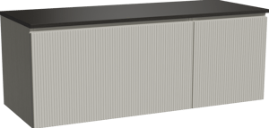 Storke Ribs zwevend badmeubel 130 x 52 cm zijdegrijs met Panton enkel of dubbel wastafelblad in gepoedercoate mdf mat zwart, Verticale symmetrische rechte ribbel