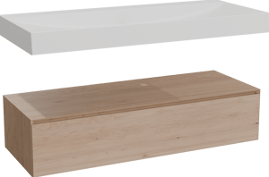 Balmani Mitra Elements hängendes Möbelstück Set: 135 x 55 cm, Naturbelassene Eiche mit Wave Einzelwaschtisch für 2 Armaturenlöcher, Solid Surface Weiß matt