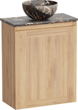 Balmani Mitra hängendes WC-Möbel-Set, 42 x 21 cm, Teak mit Facetta Waschtischplatte und Bari XS Aufsatzbecken in Portoro Gold Marmor