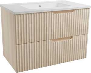 Linie Ribbo meuble salle de bains suspendu 80 x 46 cm chêne clair avec Vano plan simple en marbre composite blanc brillant, Nervure circulaire symétrique verticale