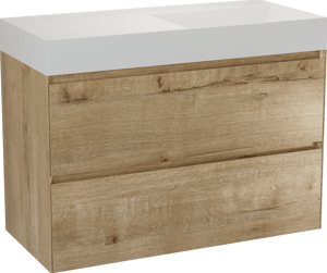 Balmani Mitra Compact hängendes Möbelstück Set: 100 x 46 cm, Eiche Rau, mit Argila Waschtisch rechts Marmorkomposit Weiβ matt