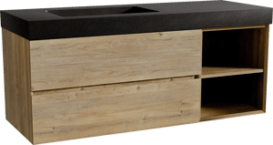 Storke Edge zwevend badkamermeubel 140 x 52 cm ruwe eik met Scuro High asymmetrisch linkse wastafel in kwarts mat zwart