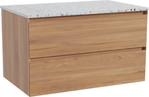 Balmani Mitra zwevend badkamermeubel 90 x 55 cm teak met Stretto enkel tablet in mat wit/zwart terrazzo
