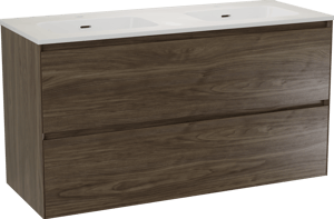 Balmani Mitra Compact meuble salle de bains suspendu 120 x 46 cm Noyer américain avec Nostra double vasque en porcelaine blanc brillant
