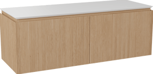 Balmani Eclips zwevend badkamermeubel 150 x 55 cm Natuur eik met Eclips enkel of dubbel tablet in Solid Surface mat wit, Verticale symmetrische rechte ribbel