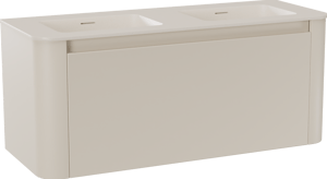 Storke Soft zwevend badkamermeubel 120 x 46 cm Sand mat met Mata Soft dubbele wastafel in solid surface beige granita