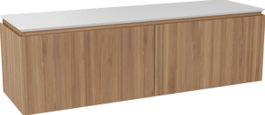 Balmani Eclips meuble salle de bains suspendu 180 x 55 cm Teck avec Eclips tablette simple ou double en Solid Surface blanc mat