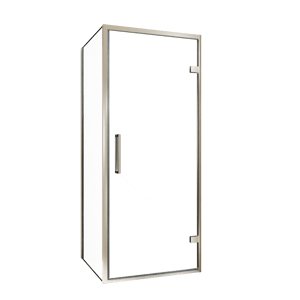 Balmani Senses Design Eckdusche: Drehtür (Rechts) mit fixierte Seitenwand, 90 x 70 cm, Klarglas, Profil Brushed CoolMetal, inklusive Coating