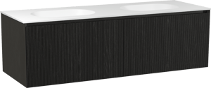 Balmani Fila by Mitra zwevend badmeubel 150 x 55 cm zwart eiken met Tablo Oval dubbele wastafel in solid surface mat wit, Verticale symmetrische rechte ribbel