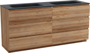 Balmani Lucida freistehendes Möbelstück Set: 180 x 55 cm, Teak, mit Tablo Strada Doppelwaschtisch, Marmorkomposit Schwarz matt