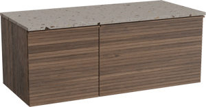 Balmani Forma zwevend badkamermeubel 120 x 55 cm amerikaanse notelaar met Stretto enkel of dubbel tablet in terrazzo greige terrazzo, Horizontale symmetrische rechte ribbel