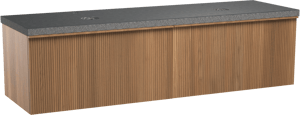 Balmani Forma zwevend badkamermeubel 180 x 55 cm teak met Rock dubbel tablet in graniet zwart, Verticale symmetrische rechte ribbel
