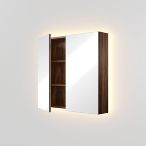 Linie Montro Spiegelschrank Bad, 80 x 75 cm, Nussbaum, mit Spiegelbeleuchtung