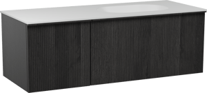 Balmani Forma zwevend badkamermeubel 135 x 55 cm zwarte eik met Tablo Oval asymmetrisch rechtse wastafel in solid surface mat wit, Verticale symmetrische rechte ribbel