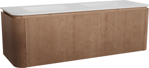 Balmani Moon zwevend badkamermeubel 160 x 55 cm natuur eik met Moon dubbele wastafel in solid surface mat wit, Verticale symmetrische rechte ribbel