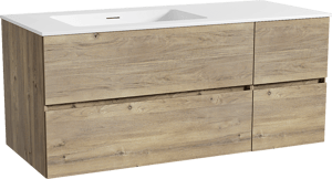 Storke Edge zwevend badkamermeubel 120 x 52 cm ruwe eik met Mata asymmetrisch linkse wastafel in solid surface mat wit