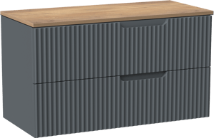 Linie Ribbo zwevend badkamermeubel 100 x 46 cm blauw antraciet met Lado enkel of dubbel tablet in melamine natuur eik, Verticale symmetrische ronde ribbel