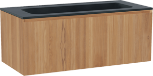 Balmani Idra by Mitra hängendes Möbelstück Set: 120 x 55 cm, Teak, mit Tablo Strada Einzelwaschtisch für 2 Armaturenlöcher, Marmorkomposit Schwarz matt