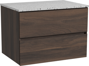 Storke Edge hängendes Möbelstück Set: 75 x 52 cm, Nussbaum, mit Tavola Einzel Waschtischplatte, Terrazzo in Weiß/Schwarz matt
