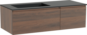 Storke Edge zwevend badkamermeubel 120 x 52 cm notelaar met Scuro asymmetrisch linkse wastafel in kwarts mat zwart