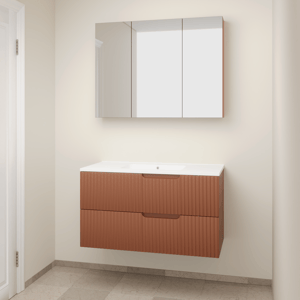Linie Ribbo zwevend badkamermeubel 100 x 46 cm cotto met Vano enkele wastafel in composietmarmer mat wit, Verticale symmetrische ronde ribbel en Montro spiegelkast