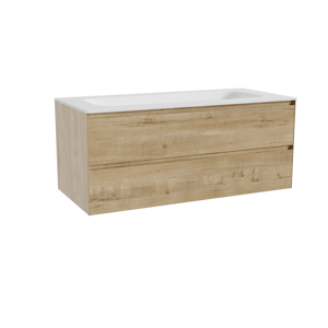 Balmani Mitra zwevend badkamermeubel 120 x 55 cm ruwe eik met Tablo Arcato enkele wastafel voor 2 kraangaten in solid surface mat wit