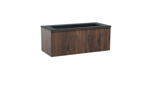 Balmani Forma meuble salle de bains suspendu 120 x 55 cm noyer américain avec Tablo Strada lavabo simple pour 2 trous de robinet en marbre composite noir mat, Nervure droite symétrique verticale