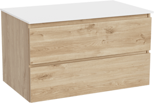 Balmani Lucida meuble salle de bains suspendu 90 x 55 cm chêne brut avec Stretto tablette simple en solid surface blanc mat