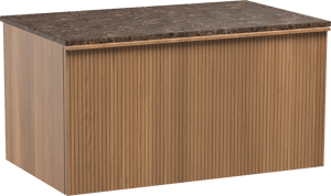Balmani Forma hängendes Möbelstück Set: 90 x 55 cm, Teak, mit Stretto Einzel Waschtischplatte, Marmor, Dark Emperador, Vertikale symmetrische gerade Rippe