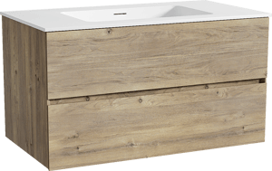 Storke Edge zwevend badkamermeubel 95 x 52 cm ruwe eik met Mata enkele wastafel in solid surface mat wit