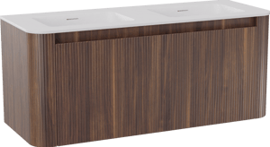 Storke Soft zwevend badkamermeubel 120 x 46 cm notelaar met Mata Soft dubbele wastafel in solid surface mat wit, Verticale symmetrische rechte ribbel