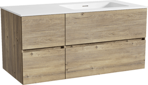 Storke Edge zwevend badkamermeubel 110 x 52 cm ruwe eik met Mata asymmetrisch rechtse wastafel in solid surface mat wit