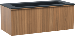 Balmani Forma hängendes Möbelstück Set: 120 x 55 cm, Teak, mit Tablo Strada Einzelwaschtisch für 2 Armaturenlöcher, Marmorkomposit, Schwarz matt, Vertikale symmetrische gerade Rippe