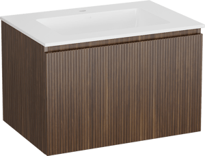 Storke Ribs meuble salle de bains suspendu 75 x 52 cm noyer avec Bilia plan simple en marbre composite blanc brillant, Nervure droite symétrique verticale