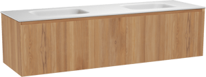 Balmani Idra by Mitra zwevend badkamermeubel 180 x 55 cm teak met Tablo Arcato dubbele wastafel in solid surface mat wit