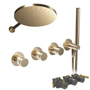 Blaufoss Pavilion Duschsystem: Unterputz, inkl. Thermostat-Duscharmatur, inkl. Duschkopf, 30 cm, Brushed Champagne Gold