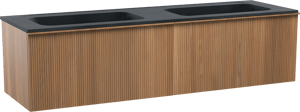 Balmani Forma zwevend badkamermeubel 180 x 55 cm teak met Tablo Strada dubbele wastafel in composietmarmer mat zwart, Verticale symmetrische rechte ribbel