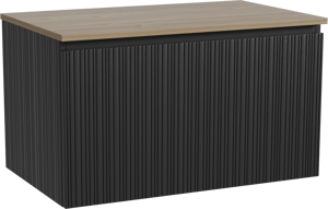 Storke Ribs zwevend badkamermeubel 85 x 52 cm zwarte eik met Panton enkel tablet in melamine ruwe eik, Verticale asymmetrische rechte ribbel