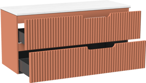 Linie Ribbo zwevend badmeubel 120 x 46 cm cotto met Lado dubbel wastafelblad in composietmarmer hoogglans wit, Verticale symmetrische ronde ribbel