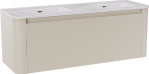 Storke Soft zwevend badkamermeubel 140 x 46 cm Sand mat met Kera Soft dubbele wastafel in porselein glanzend wit