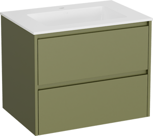 Storke Seda zwevend badkamermeubel 75 x 52 cm olijfgroen met Bilia enkele wastafel in composietmarmer glanzend wit
