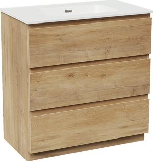 Linie Lado freistehendes Möbelstück Set: 80 x 46 cm, Naturbelassene Eiche, mit Baro Einzelwaschtisch, Porzellan Weiß glänzend