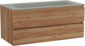 Balmani Lucida hängendes Möbelstück Set: 120 x 55 cm, Teak, mit Tablo Strada Einzelwaschtisch für 2 Armaturenlöcher, Marmorkomposit Seidengrau