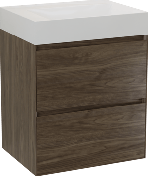 Balmani Mitra Compact zwevend badkamermeubel 60 x 46 cm Amerikaanse notelaar met Argila asymmetrisch rechtse wastafel in composietmarmer glanzend wit