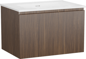 Storke Ribs meuble salle de bains suspendu 75 x 52 cm noyer avec Kera plan simple en porcelaine blanc brillant, Nervure droite symétrique verticale, bonde incluse