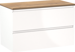 Linie Lado hängendes Möbelstück Set: 90 x 46 cm, Weiß glänzend, mit Lado Einzel Waschtischplatte, Melamin Naturbelassene Eiche